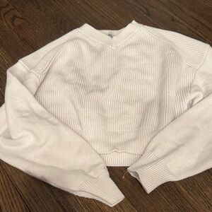 Zara Cropped Scoop-Neck White Ribbed Sweater